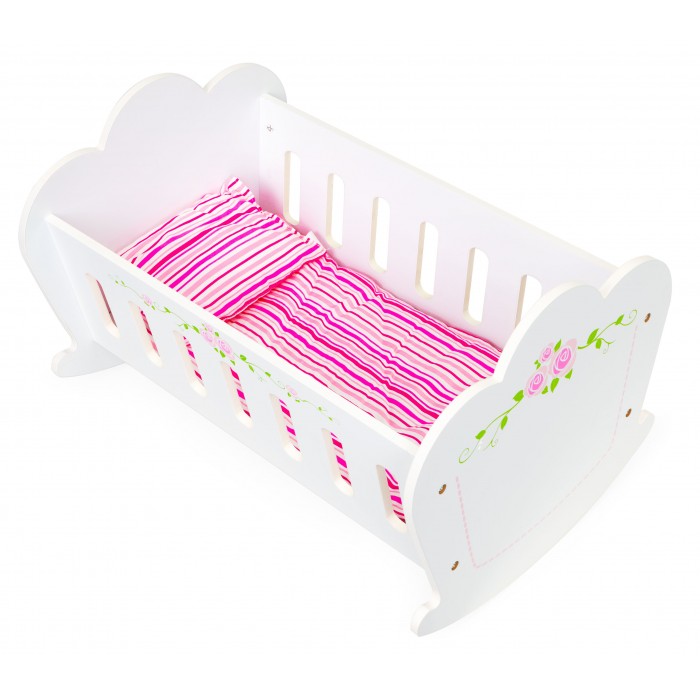 Patut Alb cu balans pentru papusi cu lenjerie -Patut balansoar din lemn